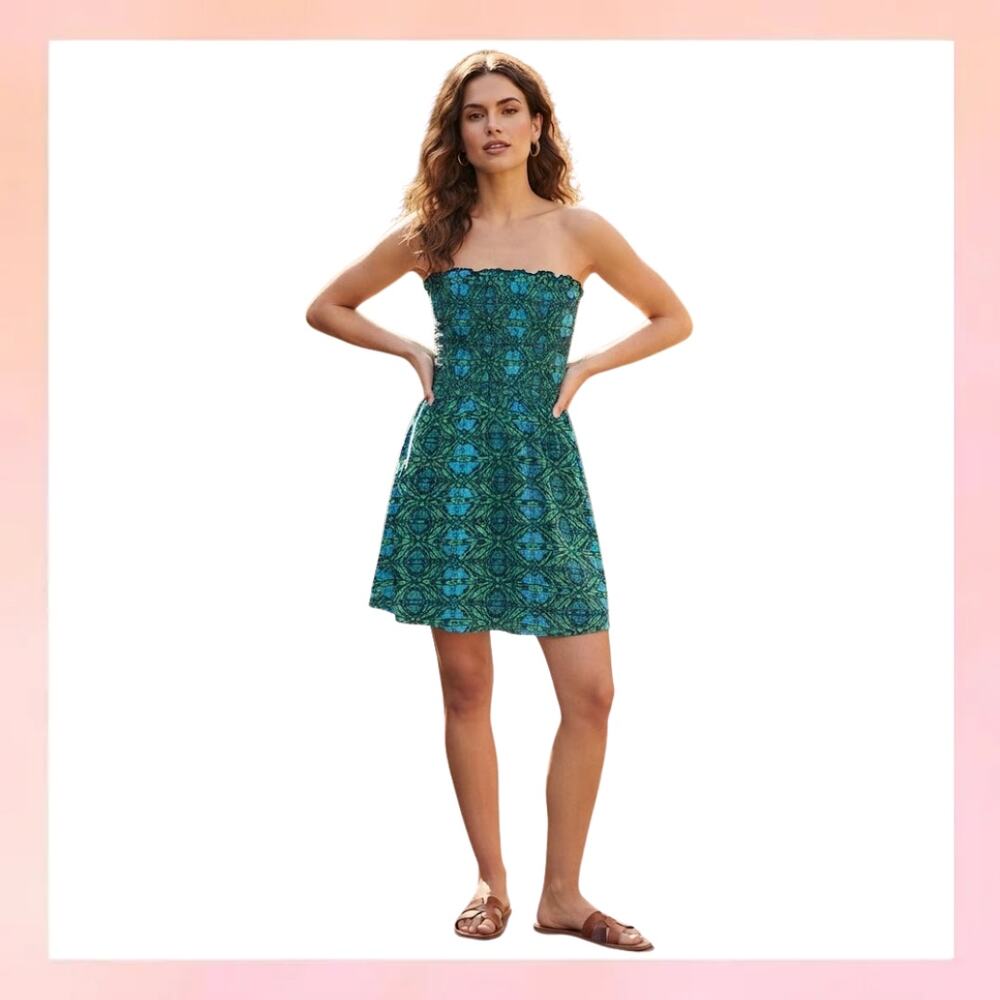 Boho Strapless Smocked Mini Dress Blue Green Geo Print Size XS/S Tie Back